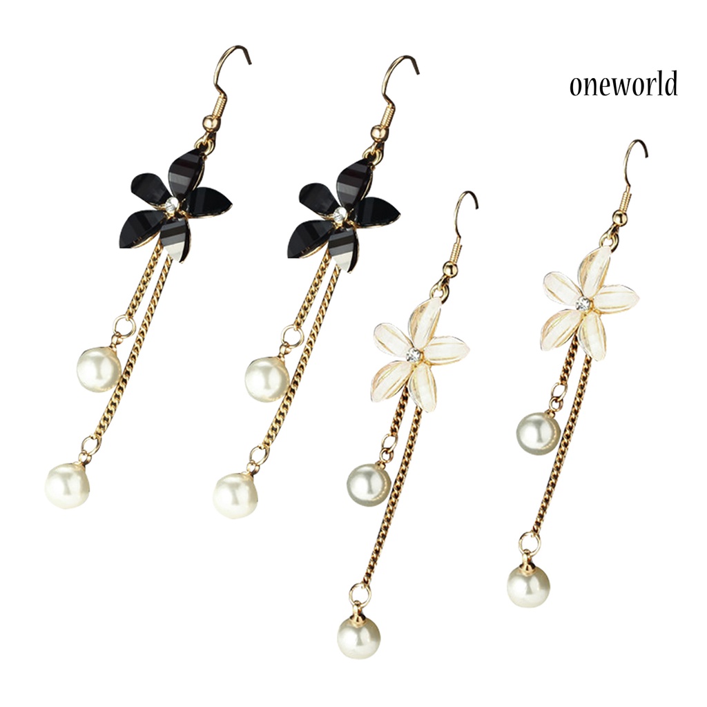 OW@ Earrings Flower Fake Pearl Pendant Elegant Alloy Long Chain Dangle Hook Earrings for Girl