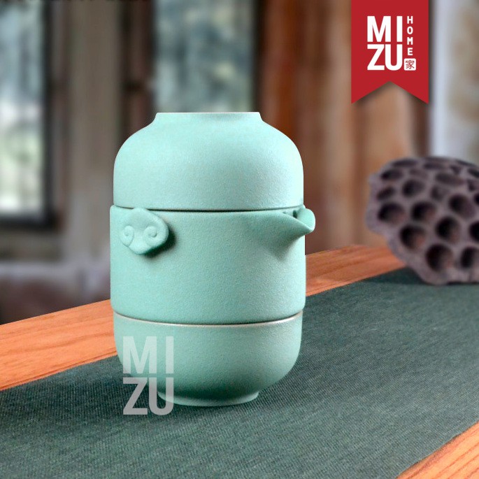 MIZU PENGUIN-CHA Dehua Ceramic Chinese Tea Travel Set Teko 2 Cangkir Carry Case-TURQOISE Biru Muda