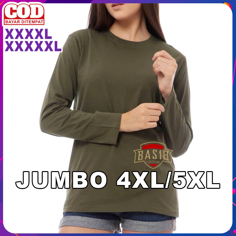 4XL 5XL Kaos Polos Wanita Jumbo Lengan Panjang Hijau Army