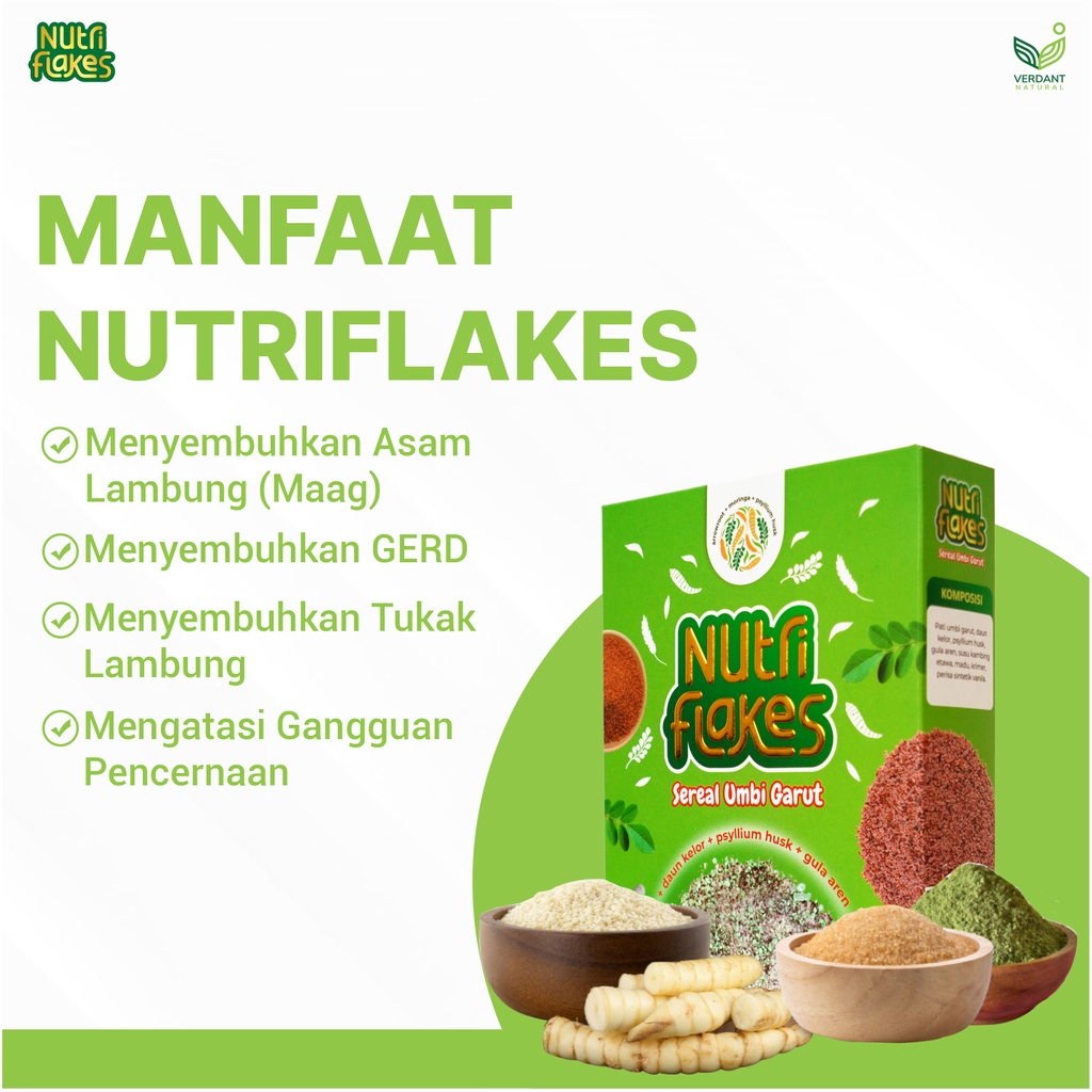 Nutriflakes Umbi Garut Asam Lambung Paket 1 Box Tuntaskan Asam Lambung Maag Gerd Gangguan Pencernaan Ekstra Daun Kelor Psyllium Husk Susu Etawa Netto 280g/Box