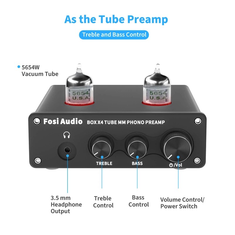 Fosi Audio Phono Preamp &amp; Headphone Amplifier with JAN 5654W Vacuum Tubes for MM Turntable Phonograph Preamplifier - Box X4 - Black