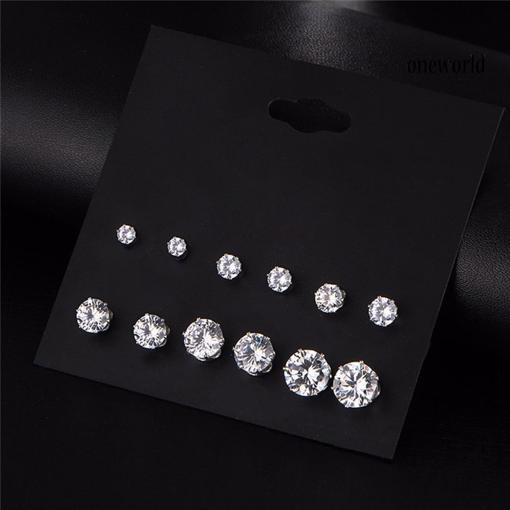 OW@ 6Pairs Women Jewelry Round Cubic Zirconia CZ Crown Ear Stud Earrings Xmas Gift