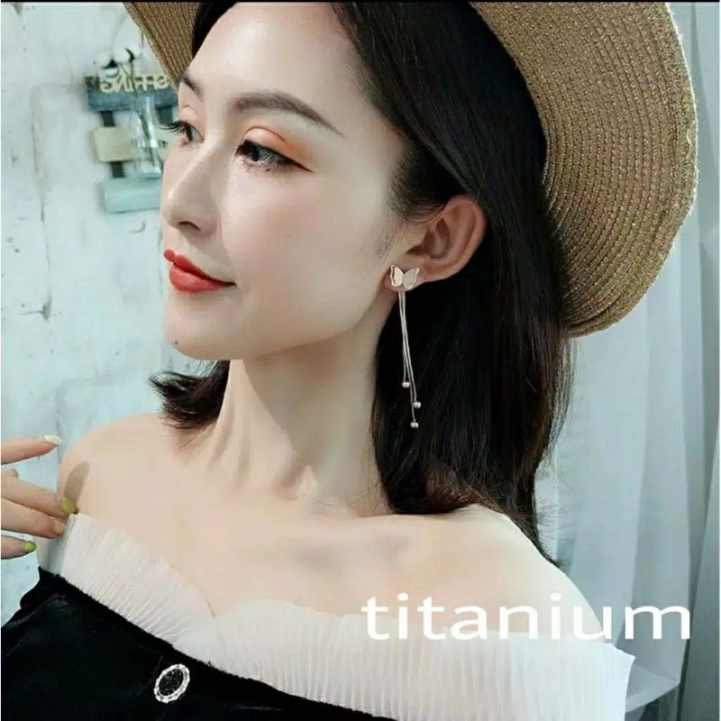 Fourfashion Anting Tusuk Titanium Kupu - Kupu Dengan Panjang Rumbai 6,5 cm TS04