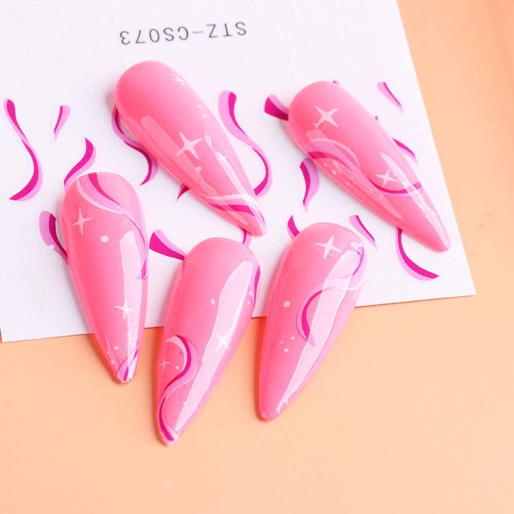 AUGUSTINA Agustin 3D Stiker Nail Art Pink Putih Swirl Wave Lines Sliders Decals DIY Aksesoris Nail Art