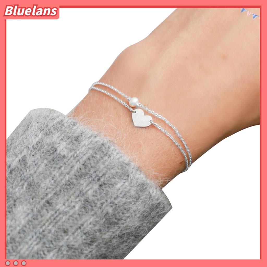 Bluelans Gelang Rantai Ganda Bentuk Hati Aksen Mutiara Tiruan Warna Solid Untuk Wanita