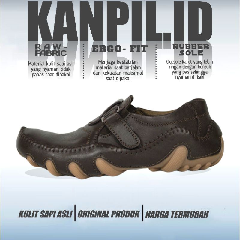 Sepatu Pria Slip On Mules Velcro Pansus Hitam Kulit Sapi Asli Spatu Selop Pantofel Cokelat Kasual Fo