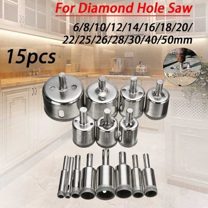 Hole Saw Diamond set 15pcs mata bor diamond holesaw 6mm-50mm batu kaca keramik marmer porcelen