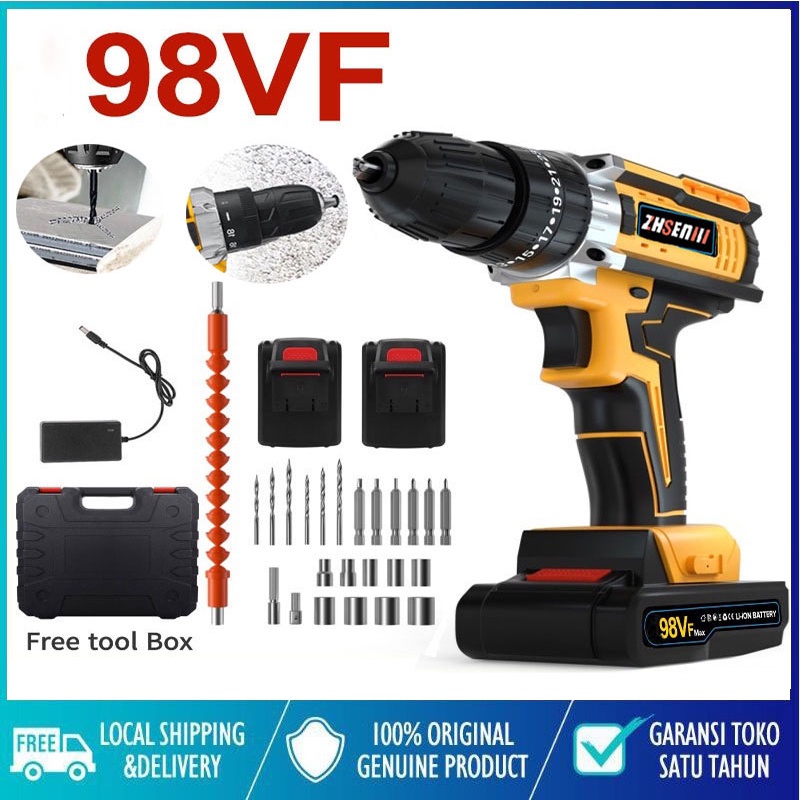 98VF Mesin Bor Cordless/Bor Baterai/ Bor Listrik/Beton Besi Kayu/Bor listrik daya tinggi/bor dampak/jaminan kualitas Garansi satu tahun