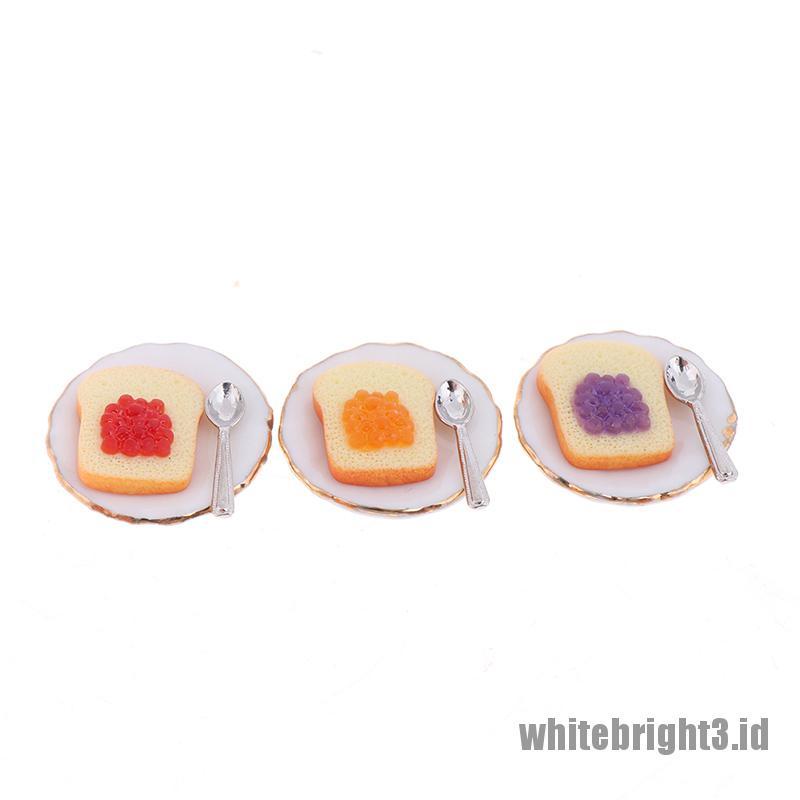 (white3) 3pcs / set Miniatur Piring + Sendok Roti Panggang Skala 1: 12 Untuk Aksesoris Rumah Boneka