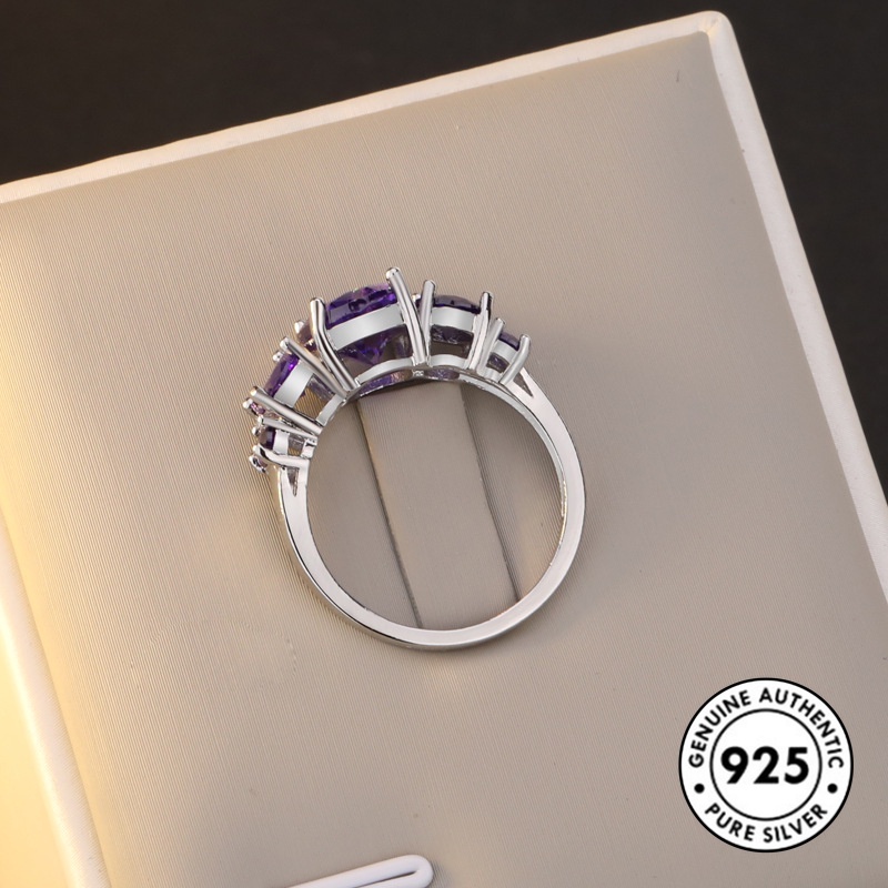 Cincin Sterling Silver 925 Simple Elegan Dengan Batu Amethyst Untuk Wanita