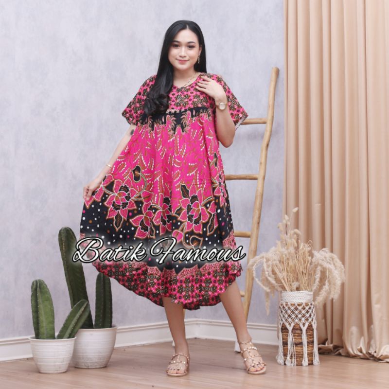 DASTER PAYUNG JUMBO COKLAT KANCING DEPAN BUSUI BUMIL-Mawar pink