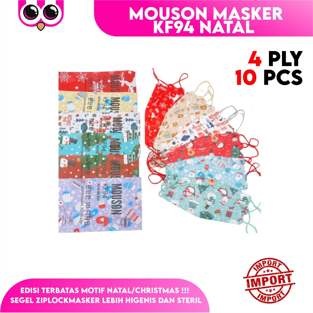 [NATAL] MOUSON MASKER KF94 NATAL 4 PLY ISI 10 PCS / MASKER CHRISTMAS EDITION / MASKER EARLOOP 3D