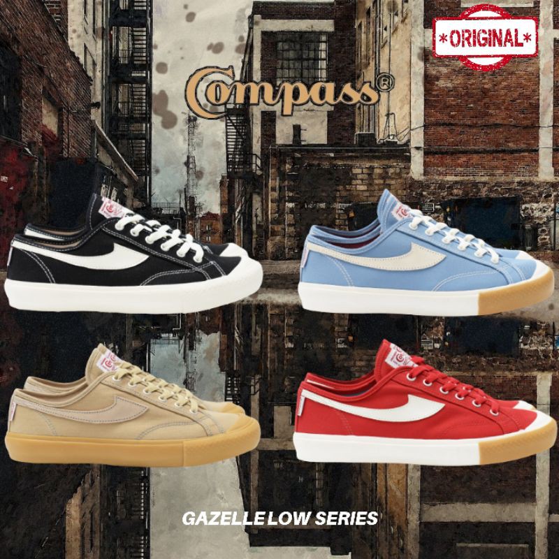  SEPATU  COMPASS  GAZELLE LOW BLACKWHITE BLUE SKY RED GUM 