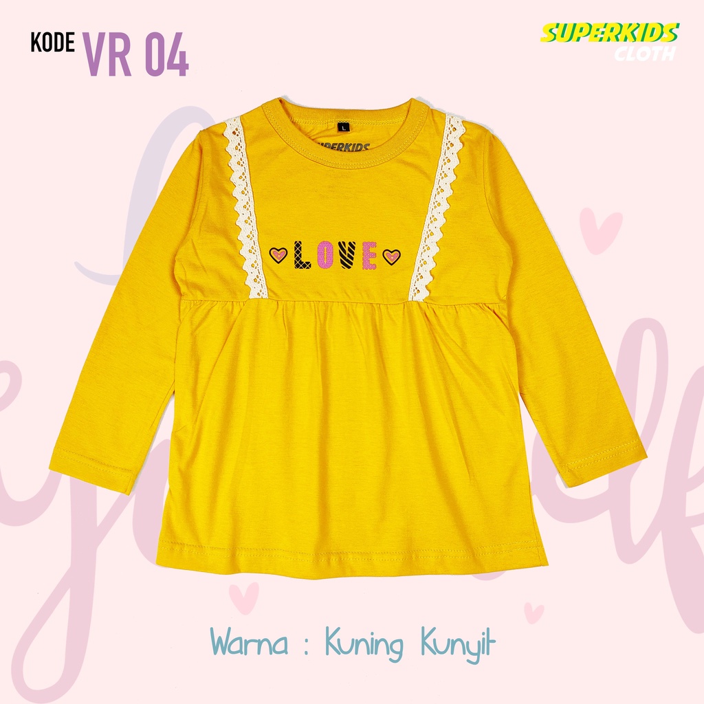 BAJU ANAK PEREMPUAN / KAOS ANAK PEREMPUAN / PAKAIAN ANAK CEWEK KAOS ANAK CEWEK LENGAN PANJANG VARIASI RAMPEL RUFFLE RENDA KUNING LOVE ECER GROSIR BRAND SUPERKSIDCLOTH 1 - 11 TAHUN