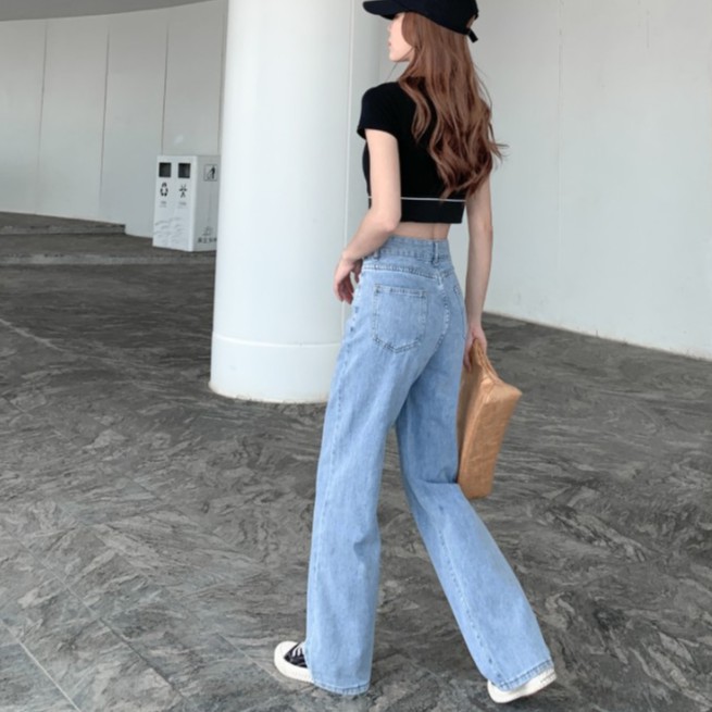 Celana Jeans Wanita Korea Style Loose High Waist Straight Pants