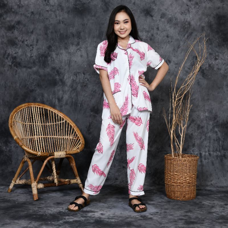 Baju Tidur Piyama Wanita Dewasa Motif Mocca Daun CP Lengan Pendek Celana Panjang Kekinian