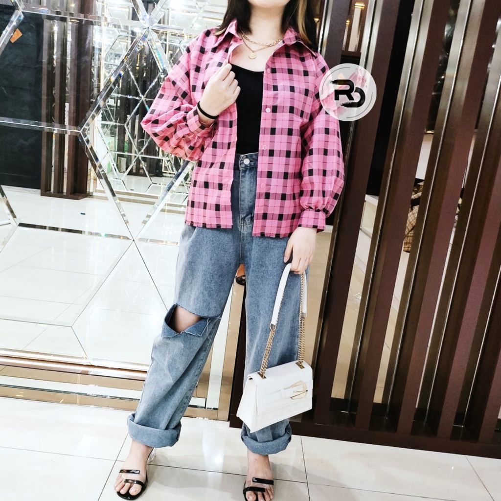 RD FASHION Kemeja Oslin Oversize | Kemeja Korea Jumbo Wanita | Bahan Creap - Fit to L-PINK ANGGI