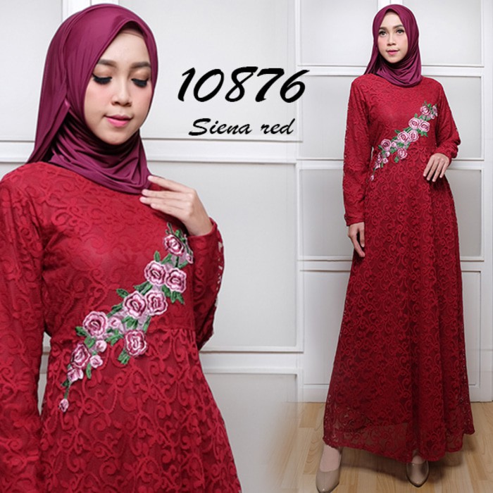 Gamis Set Brukat Siena Syari Spandek Korea Merah + Pashmina Realpict Bestseller