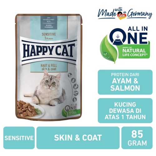 Happy Cat Sensitive Skin &amp; Coat Pouch 85gr Wet Food kucing