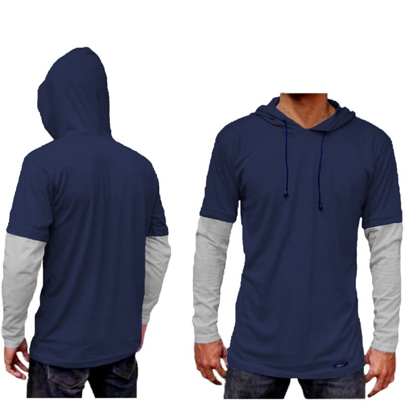 KAOS POLOS HOODIE DOUBLE LAYER LENGAN PANJANG/size m,l,xl /pria/wanita/terlaris /termurah/terbaru/bandung-navy+misty