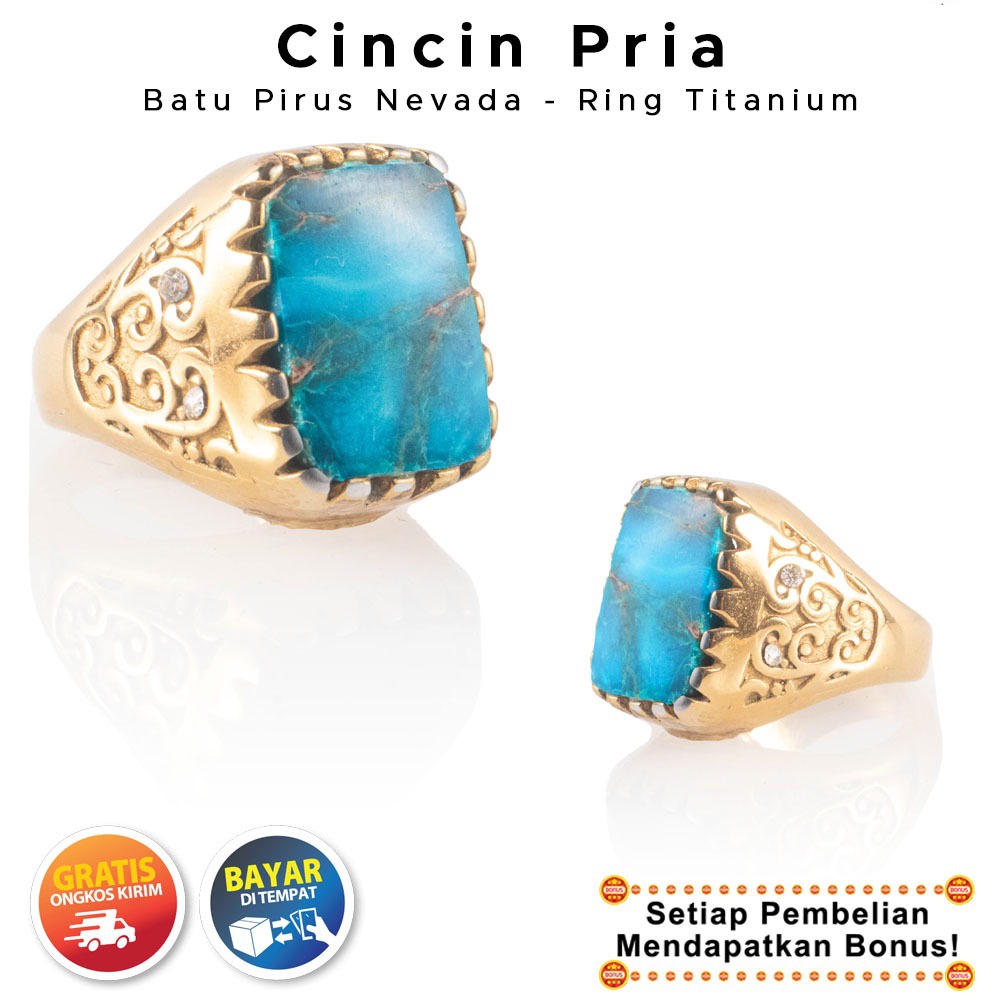 [COD] Lily Cincin Pria Batu Akik Pirus Nevada Asli Titanium Ring Emas Anti Karat Terbaru Kekinian