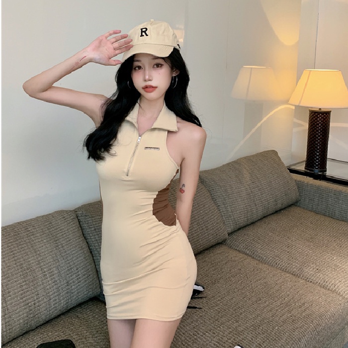 Musim panas yang serasi dengan warna ritsleting halter polo kerah dress bodycon tanpa lengan seksi