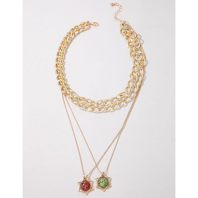 LRC Kalung Fashion Golden Hexagonal Crystal Alloy Thick Chain Multilayer Necklace P06566