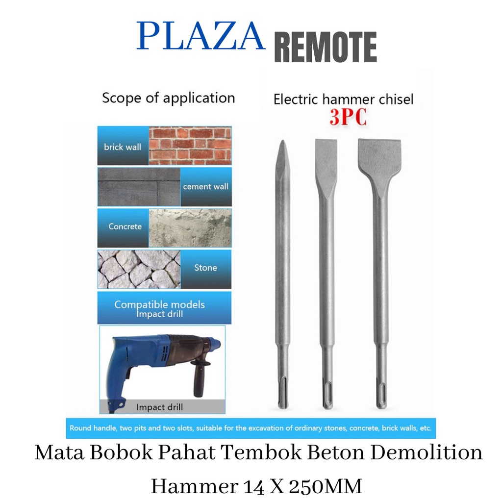 SDS plus Mata Bobok Pahat Tembok Beton  14 X 250 MM MODEL PIPIH LEBAR 20 MM