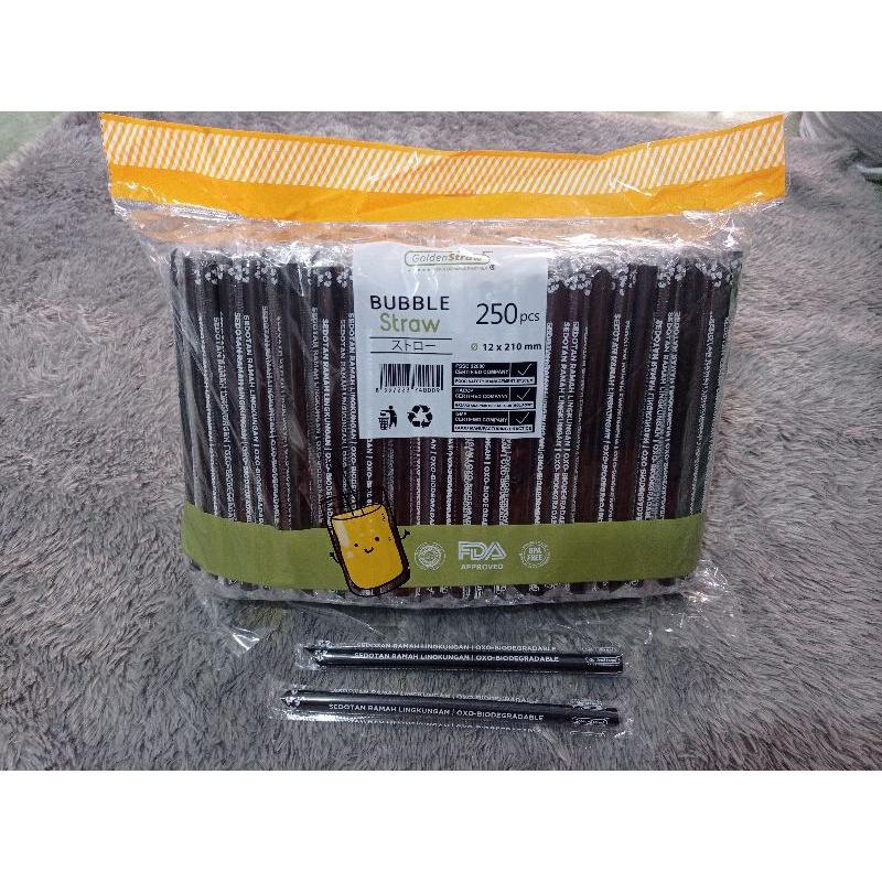 SEDOTAN BOBA (250) 12mm 1221 STERIL PLASTIK GOLDENSTRAW HITAM OXO BUBBLE STRAW BESAR MINUMAN BOBA RAMAH LINGKUNGAN KEMASAN 250 12MM 21CM