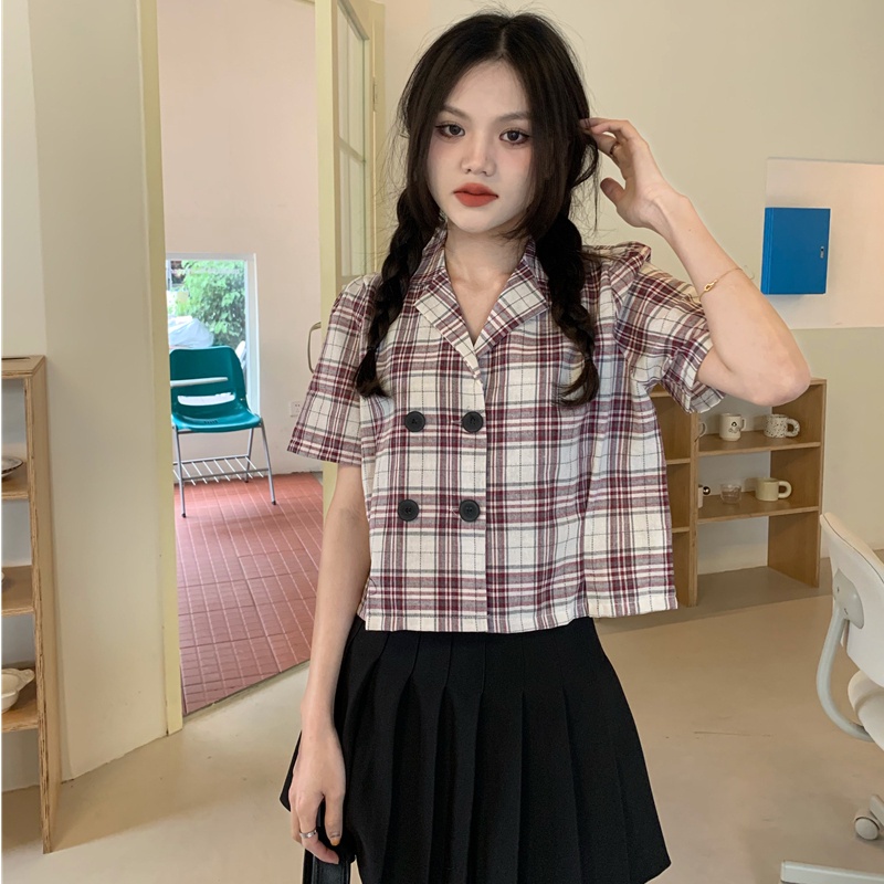 MOOGU ♡ Kemeja kotak-kotak kerah retro korea atasan pendek wanita