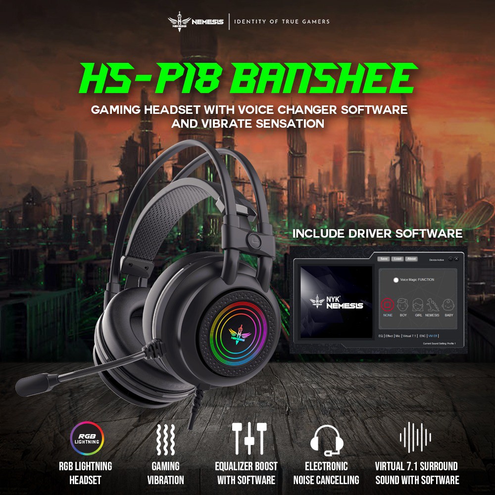 Headset Gaming Nyk Nemesis wired usb 7.1 surround sound vibration rgb with microphone Banshee HS-P18 - Headphone voice magic P-18