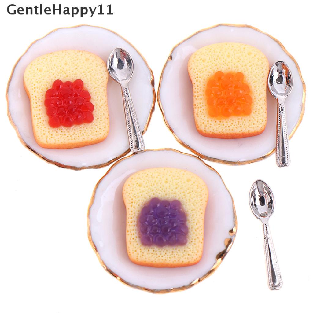 Gentlehappy 3Pcs / set Miniatur Piring + Sendok Roti Panggang Skala 1: 12 Untuk Aksesoris Rumah Boneka