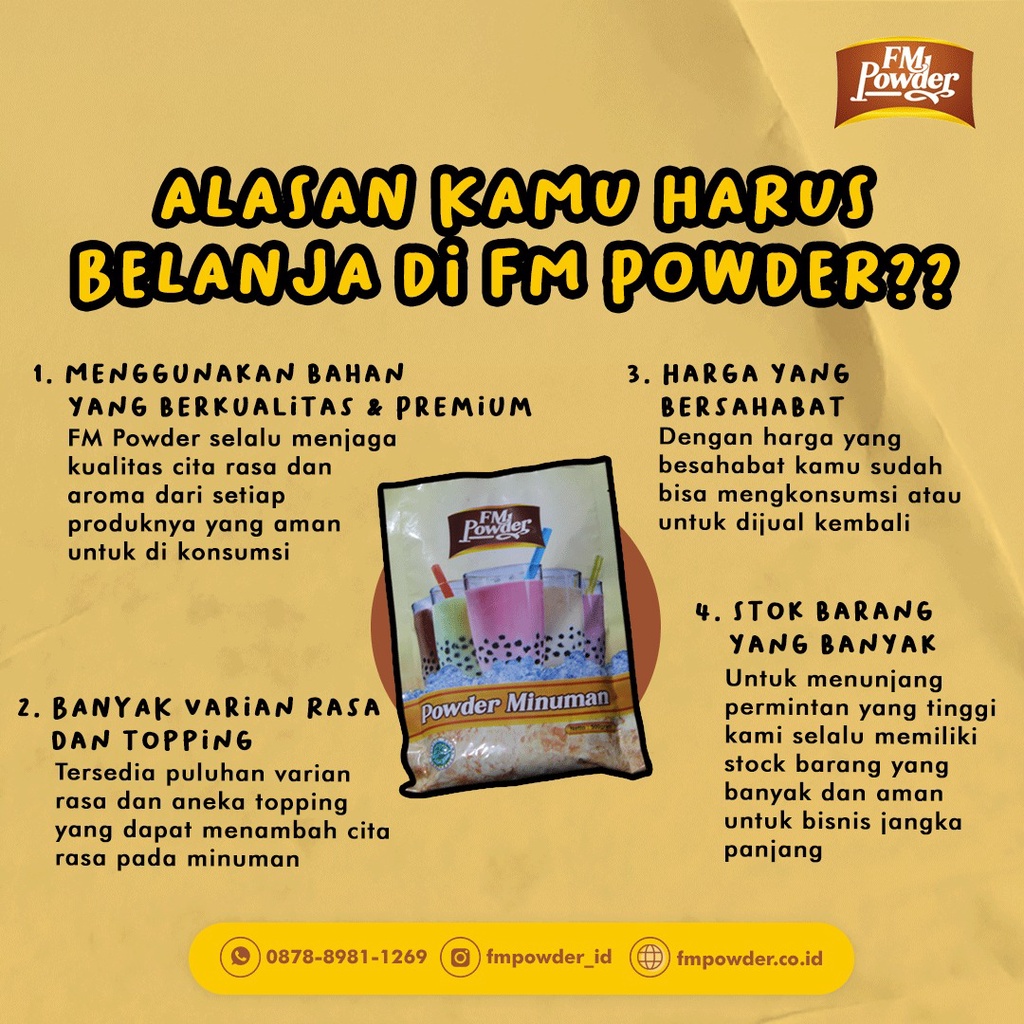 FM POWDER 25 GRAM - BUBUK MINUMAN BUBUK MINUMAN RASA BUBUK MINUMAN BOBA BUBUK MINUMAN PREMIUM SERBUK MINUMAN ANEKA RASA MINUMAN BOBA BUBUK BOBA BUBUK MINUMAN SACHET POWDER DRINK