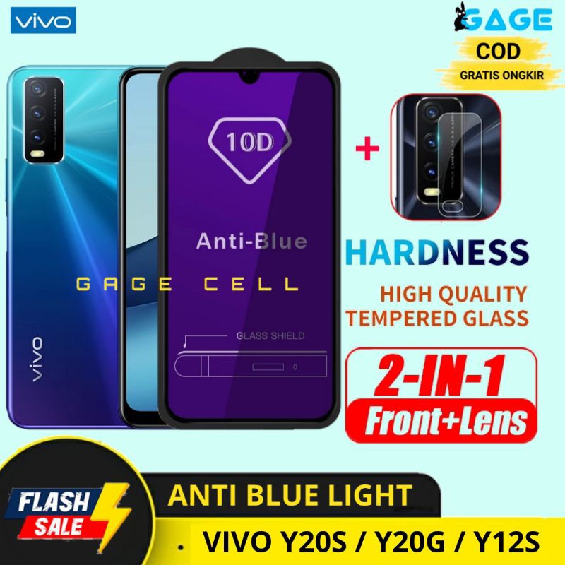 2IN1 TEMPERED GLASS ANTI BLUE LIGHT RAY VIVO Y20S Y20G Y12S TG ANTIGORES RADIASI FULL LAYAR KAMERA