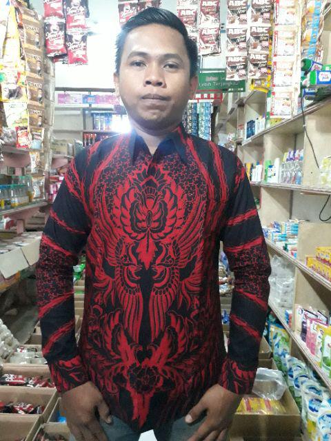 Baju Batik Pria | Manuk Peksi Merah Lengan Panjang Slim Fit Lapis Furing | By Batik Florist