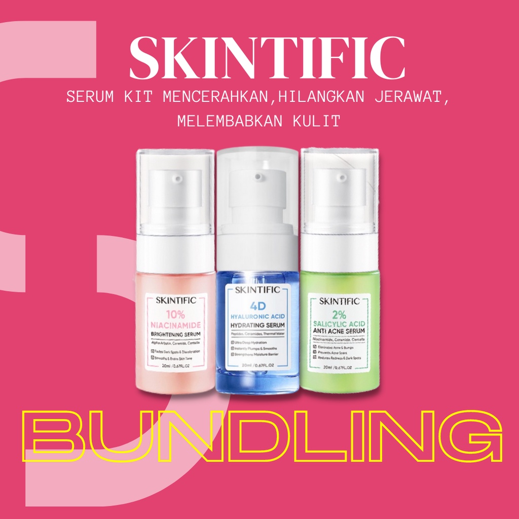 SKINTIFIC -Serum Kit - 2% Salicylic Acid Anti Acne Serum, 10% Niacinamide Brightening Serum 20Ml Serum Mencerahkan, 4D Hydrating Serum melembabkan kulit