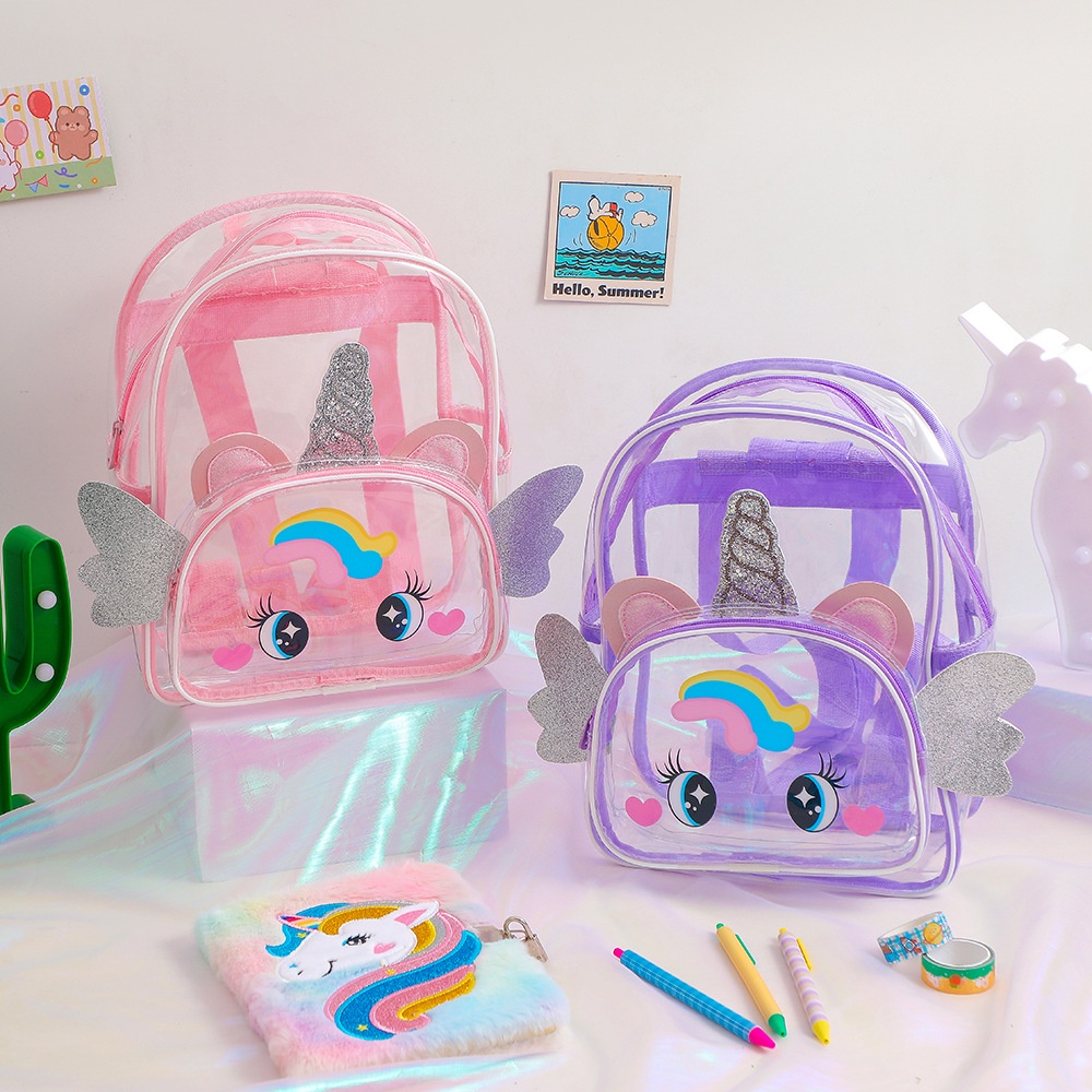 Ransel PVC Unicorn Sayap Transparan Waterproof Tas Ransel anak anak tas jalan jalan TK SD Kado Ultah anak Perempuan Import