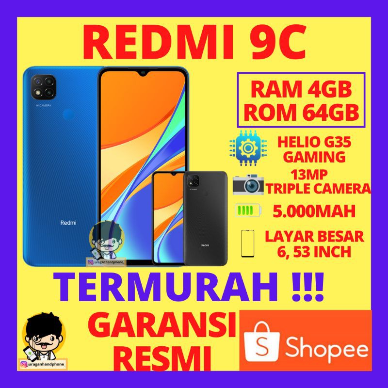 REDMI 9C RAM 4GB INTERNAL 64GB GARANSI RESMI HP XIAOMI