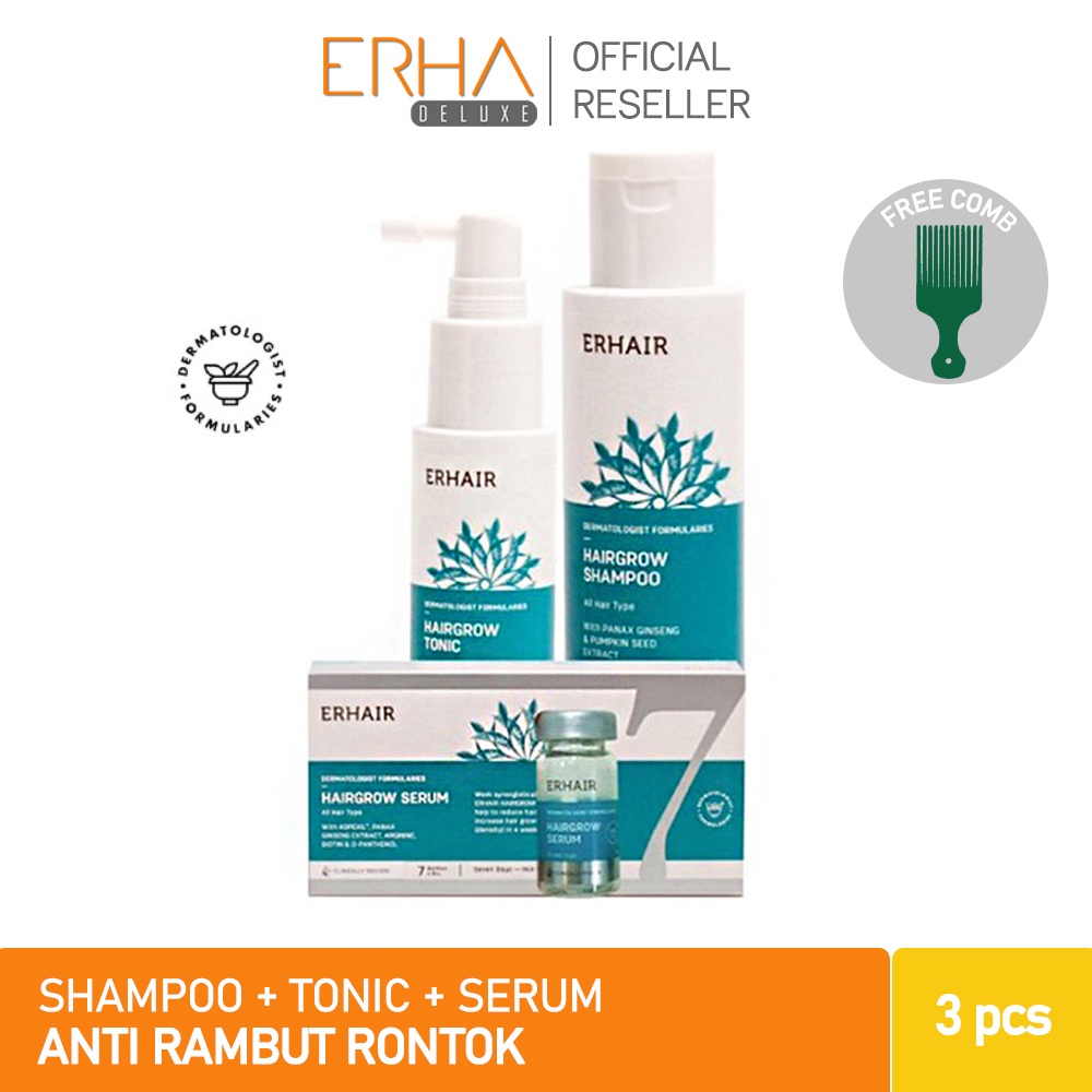 ERHAIR Paket Penumbuh Rambut Rontok Lengkap ERHA Hairgrow Shampoo 100 ml + Serum + Tonik