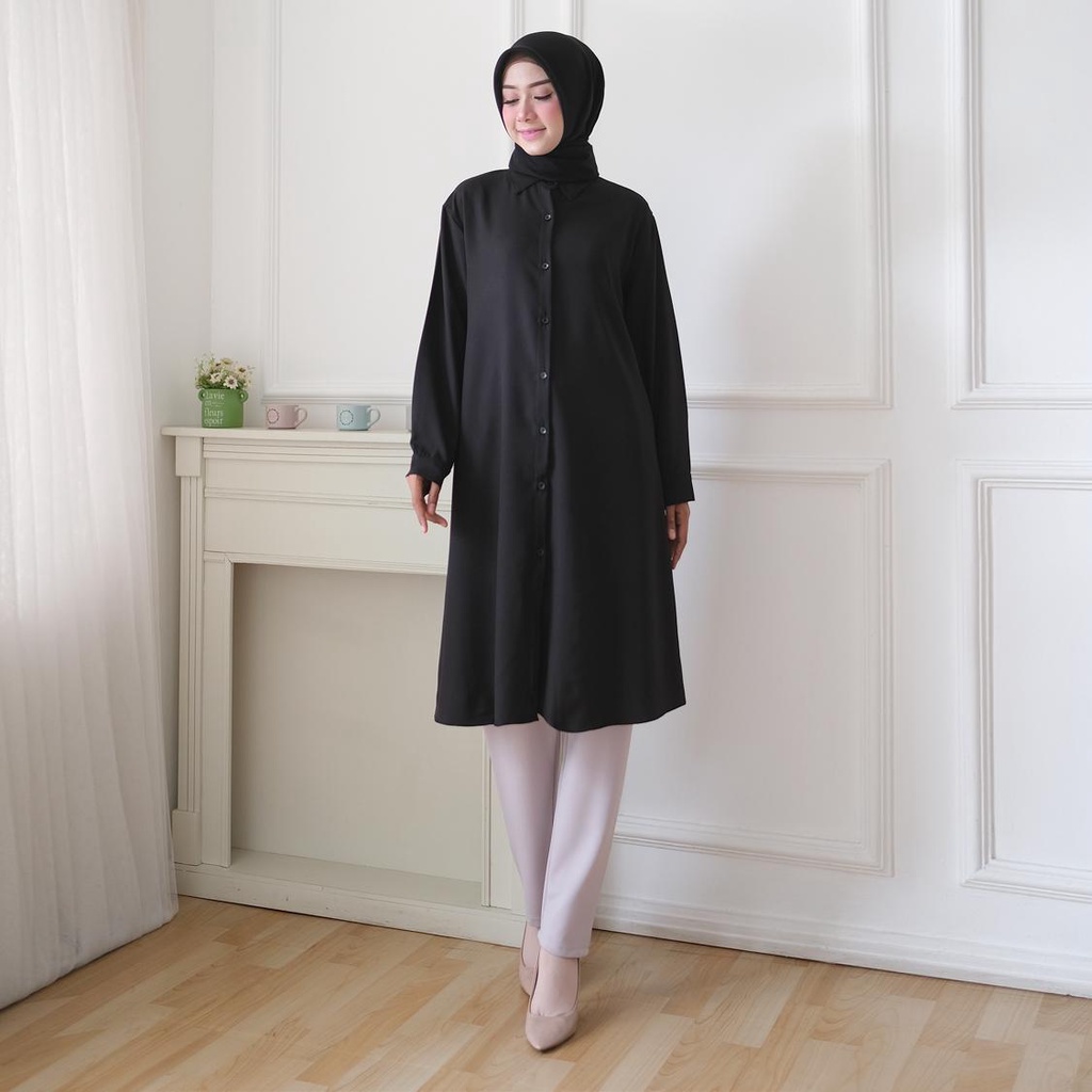 Modesee Tunik Kemeja Polos Wanita Muslim -  Atasan Putih - Atasan Hitam - Tunik Hitam Polos - Tunik 
