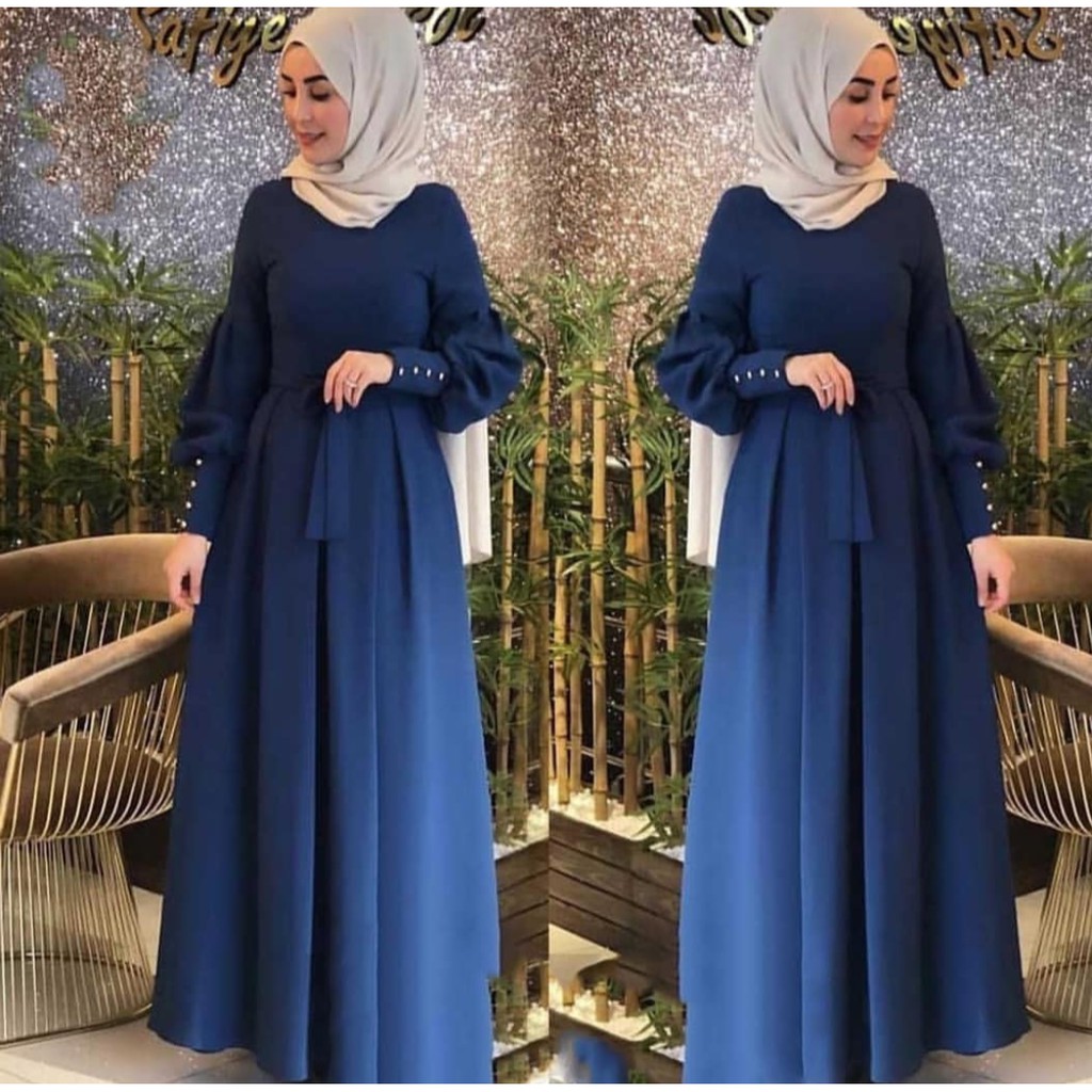 Baju gamis wanita lebaran terbaru 2022, kekinian dan modern AUDY DRESS bahan moscrepe ukuran L-XL-navy