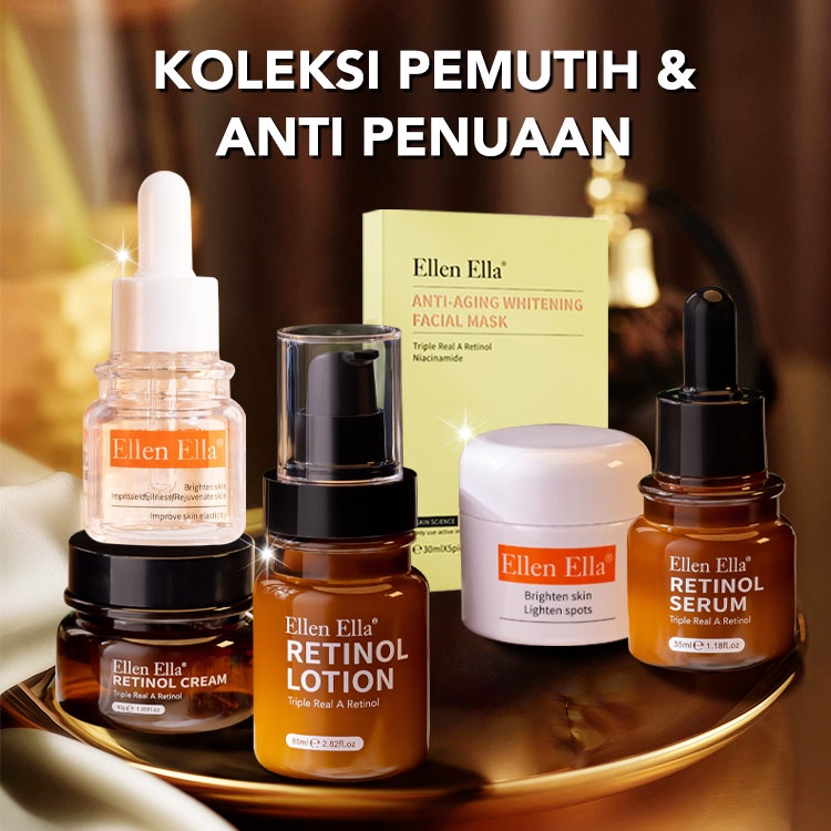 【Stok tersedia, tiba dalam 3 hari】ELLEN ELLA Trible Retinol Set Krim Wajah Kolagen + Serum Wajah + Masker Niacinamide + lotion retinol + krim vitamin c + serum vit c Anti Penuaan Pemutih Memperbarui Kulit Mengurangi Garis Halus Keriput memajukan retinol