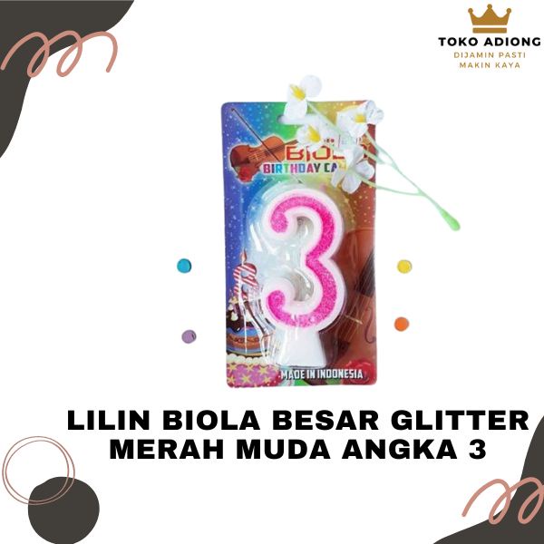 LILIN BIOLA BESAR GLITTER MERAH MUDA ANGKA 3 - BIRTHDAY CANDLE