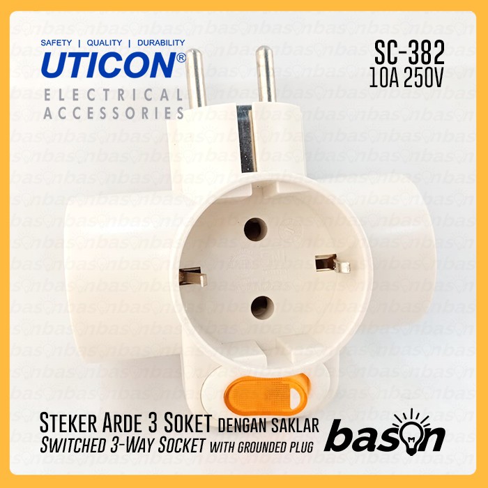 UTICON SC382 Steker 3 Lubang Arde + Saklar