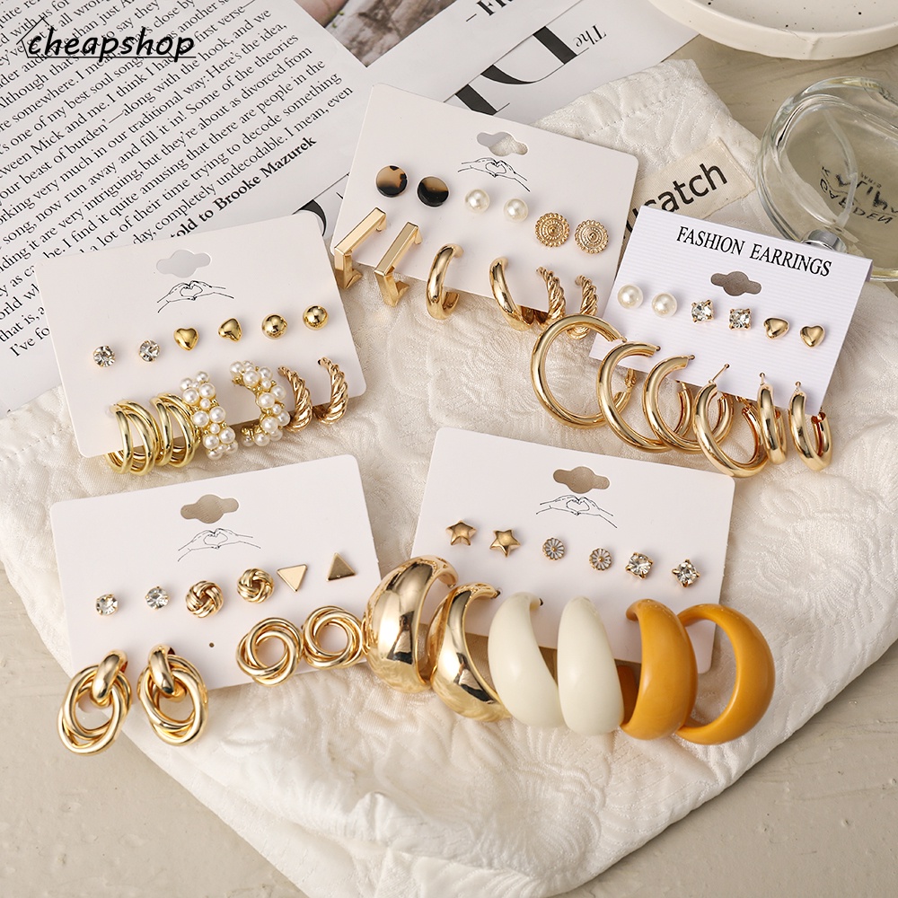 IFYOU 6Pairs Korean Crystal Pearl Stud Earrings Set Fashion Gold Pendant Earrings Women Jewelry Accessories