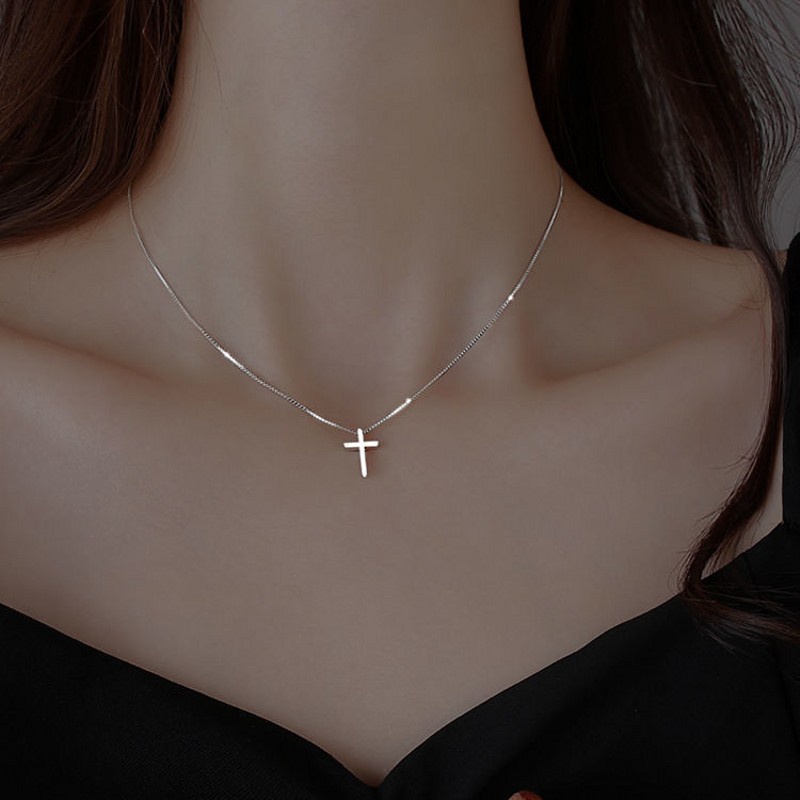 Kalung Rantai Choker Liontin Salib Warna Silver Untuk Wanita