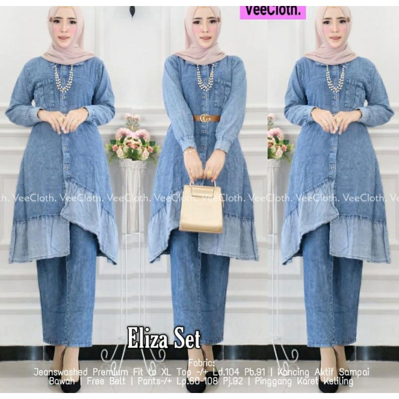 Eliza Set Vee Set Jeans Wanita Setelan Jeans Muslim.