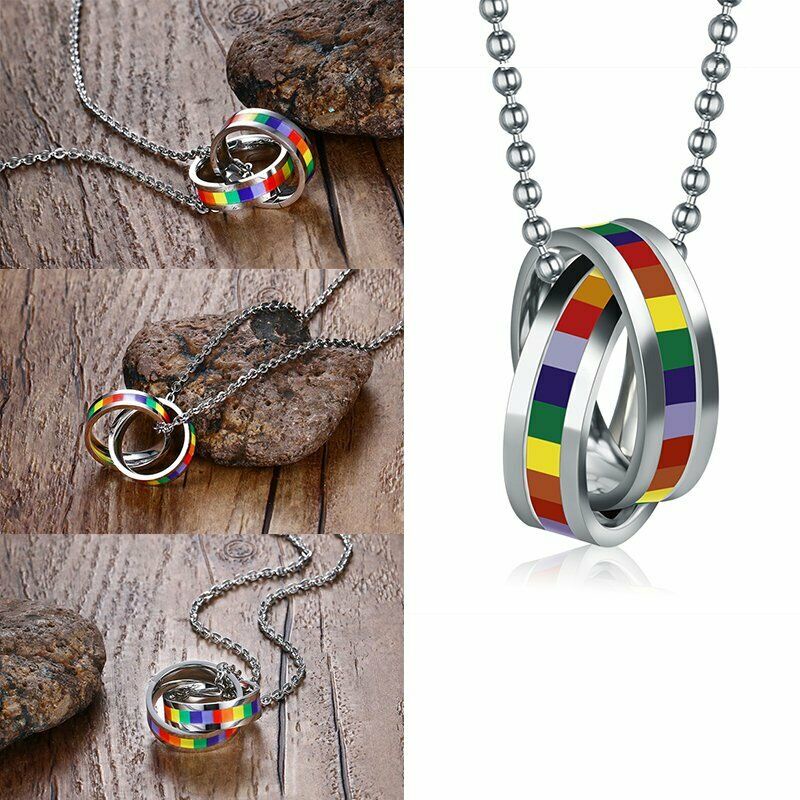 Kalung Rantai Liontin Bendera LGBT Pride Gay Bahan Stainless Steel Warna Pelangi Untuk Pria / Wanita