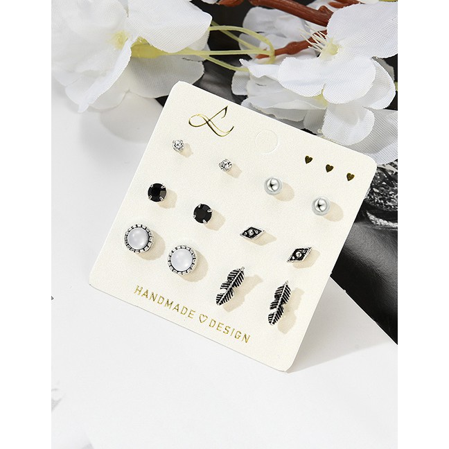 LRC Anting Set Fashion Silver Diamond-studded Earrings 6 Pairs F29775