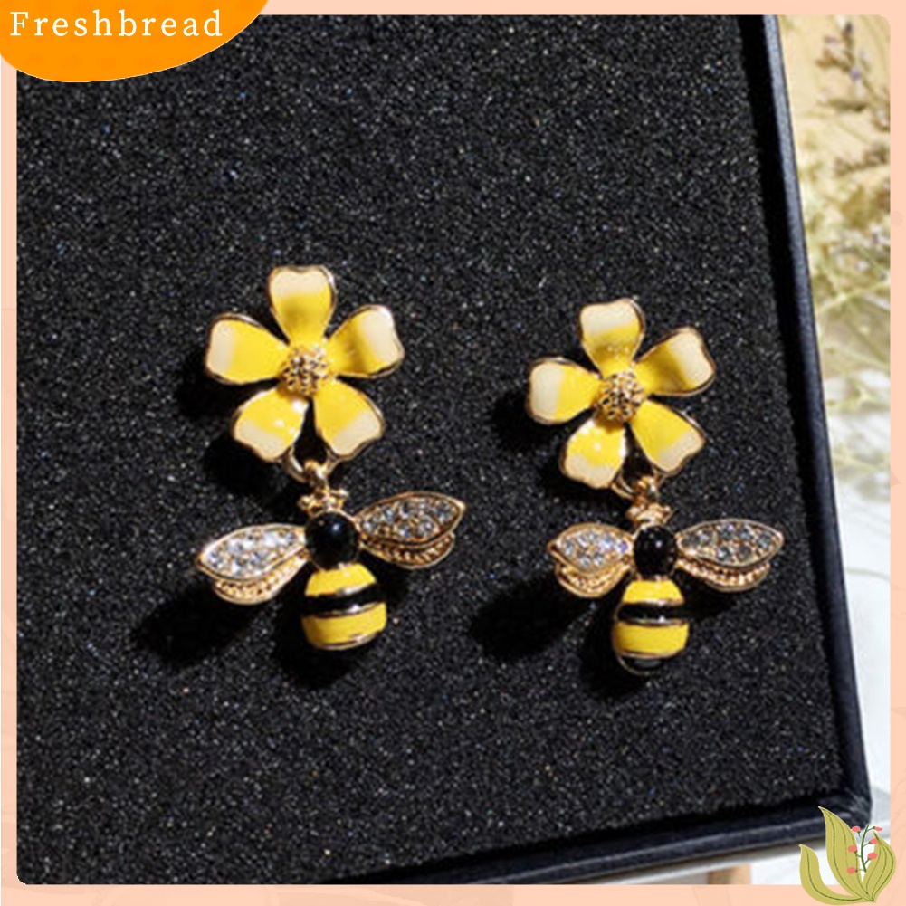 【Fresh】❀Women Bee Flower Enamel Rhinestone Inlaid Pendant Drop Earrings Jewelry Gift